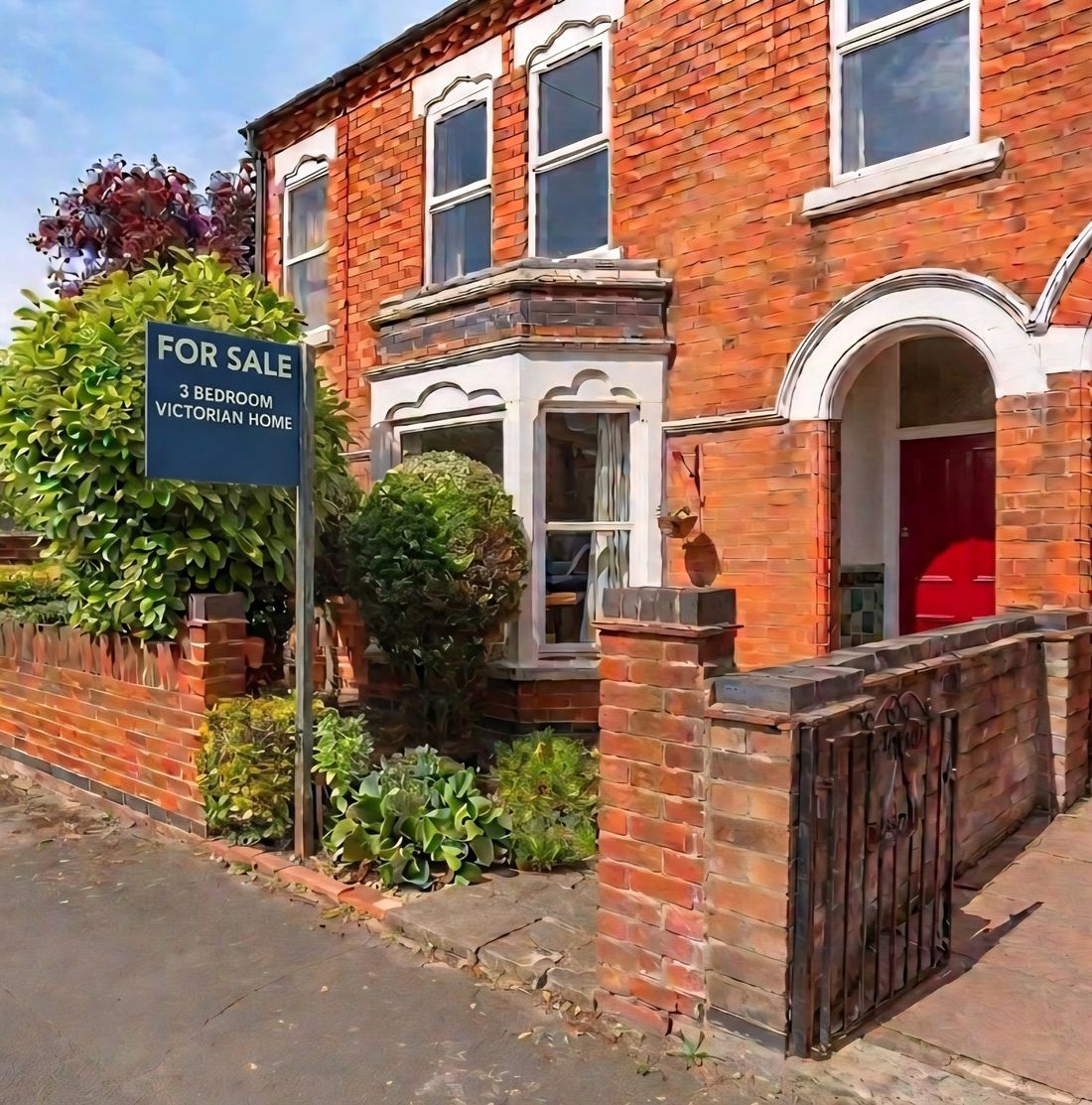 Victorian red-brick terraced house with a For Sale sign